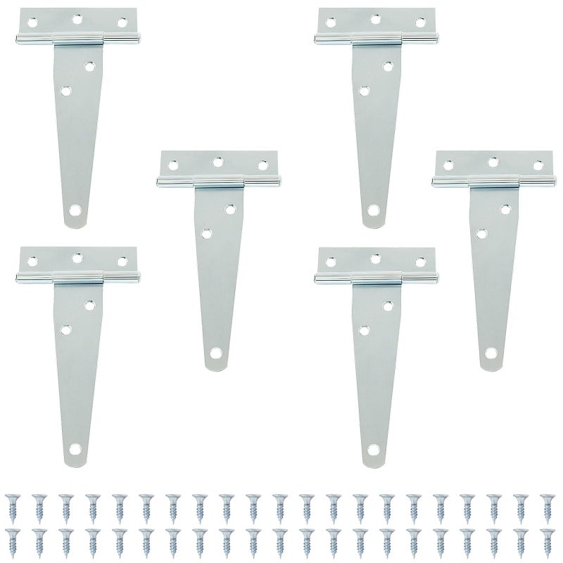Murtenze 6Pack 4 Inch Silver T-Strap Shed Hinge,Barn Door Hinges Heavy Duty Gate Strap Hinge T Hinges for Barn Door, Shed or Wooden Fences - Image 1